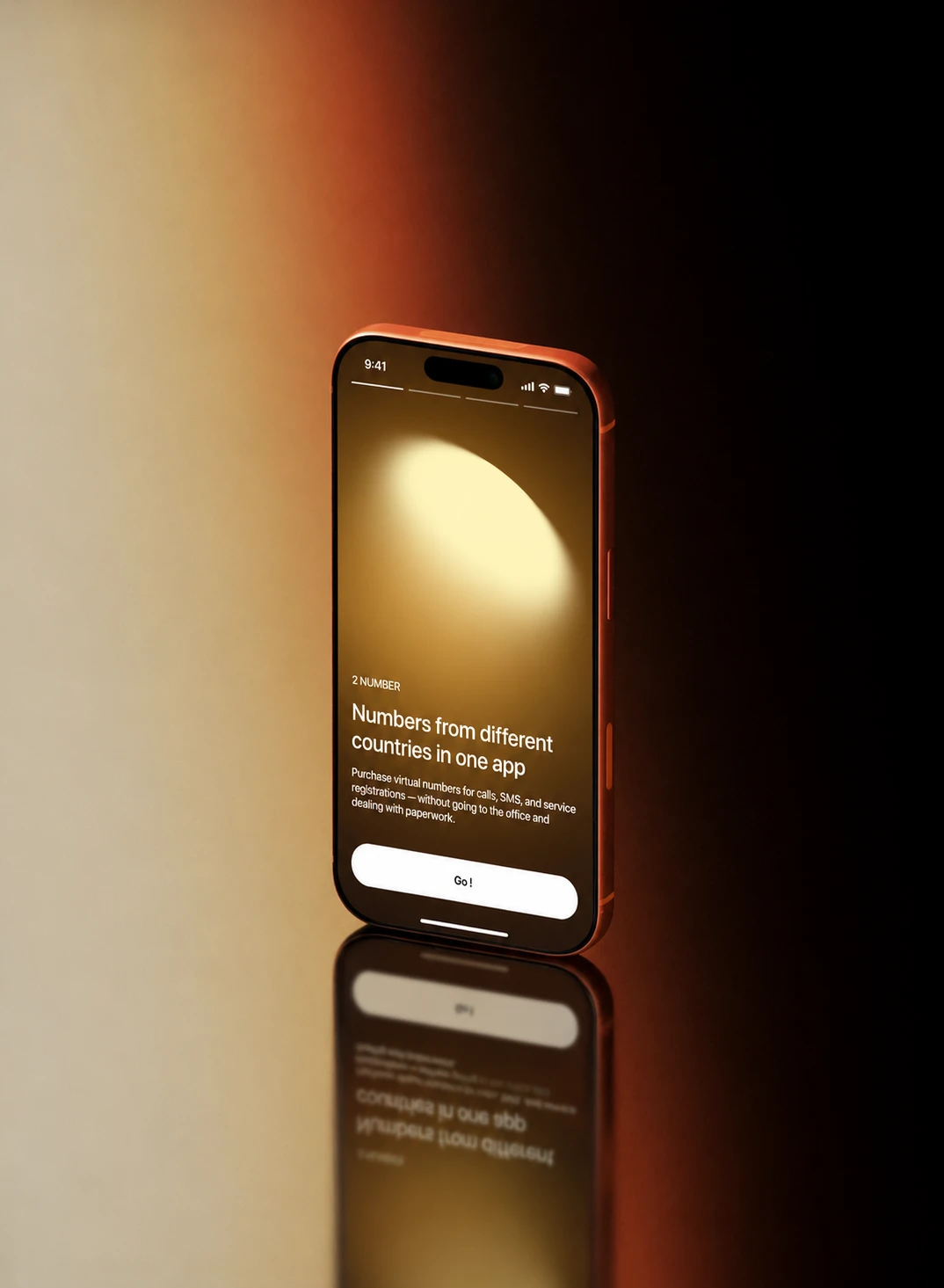 2number app onboarding screen on a phone standing on a reflective surface