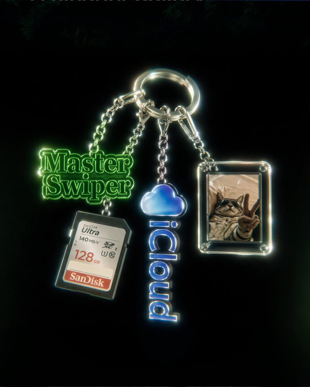 Master Swiper key chain with an SD card, iCloud and a photo frame