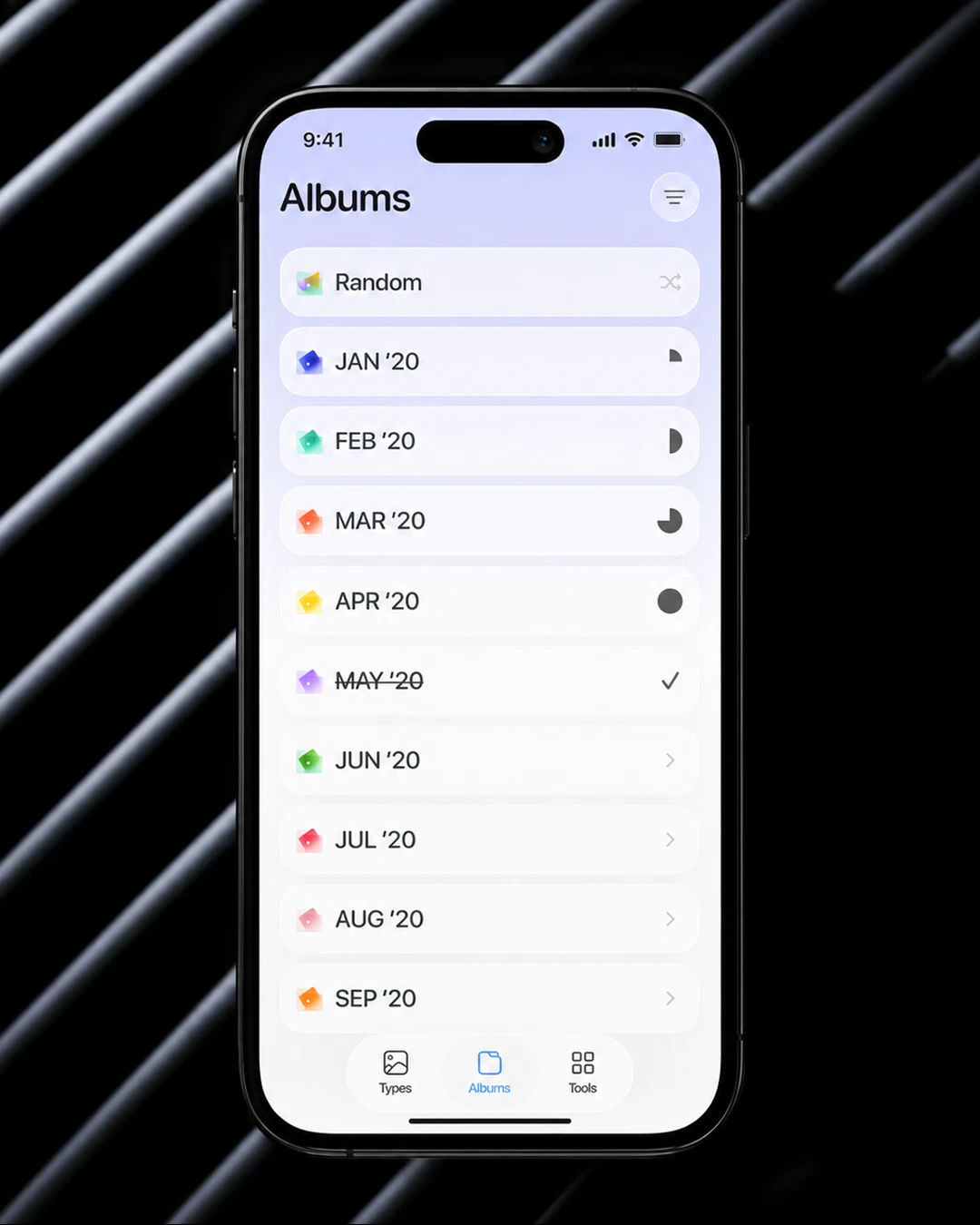 Master Swiper Albums screen on a phone against a striped black background