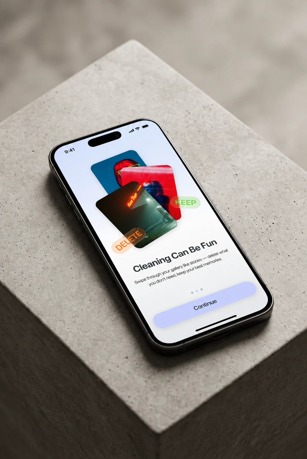 Master Swiper onboarding screen “Cleaning can be fun” on a phone on a concrete block