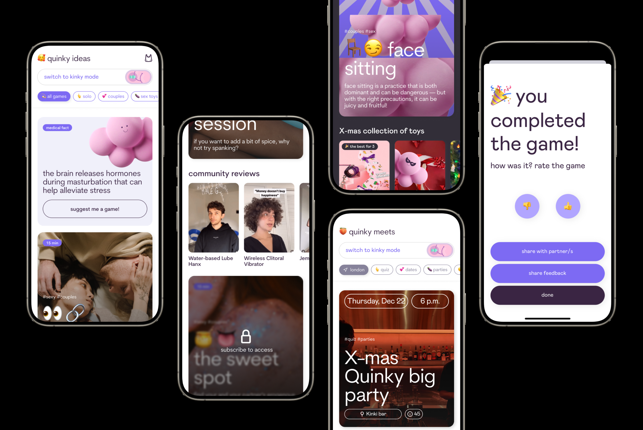 Quinky mobile app interface screens