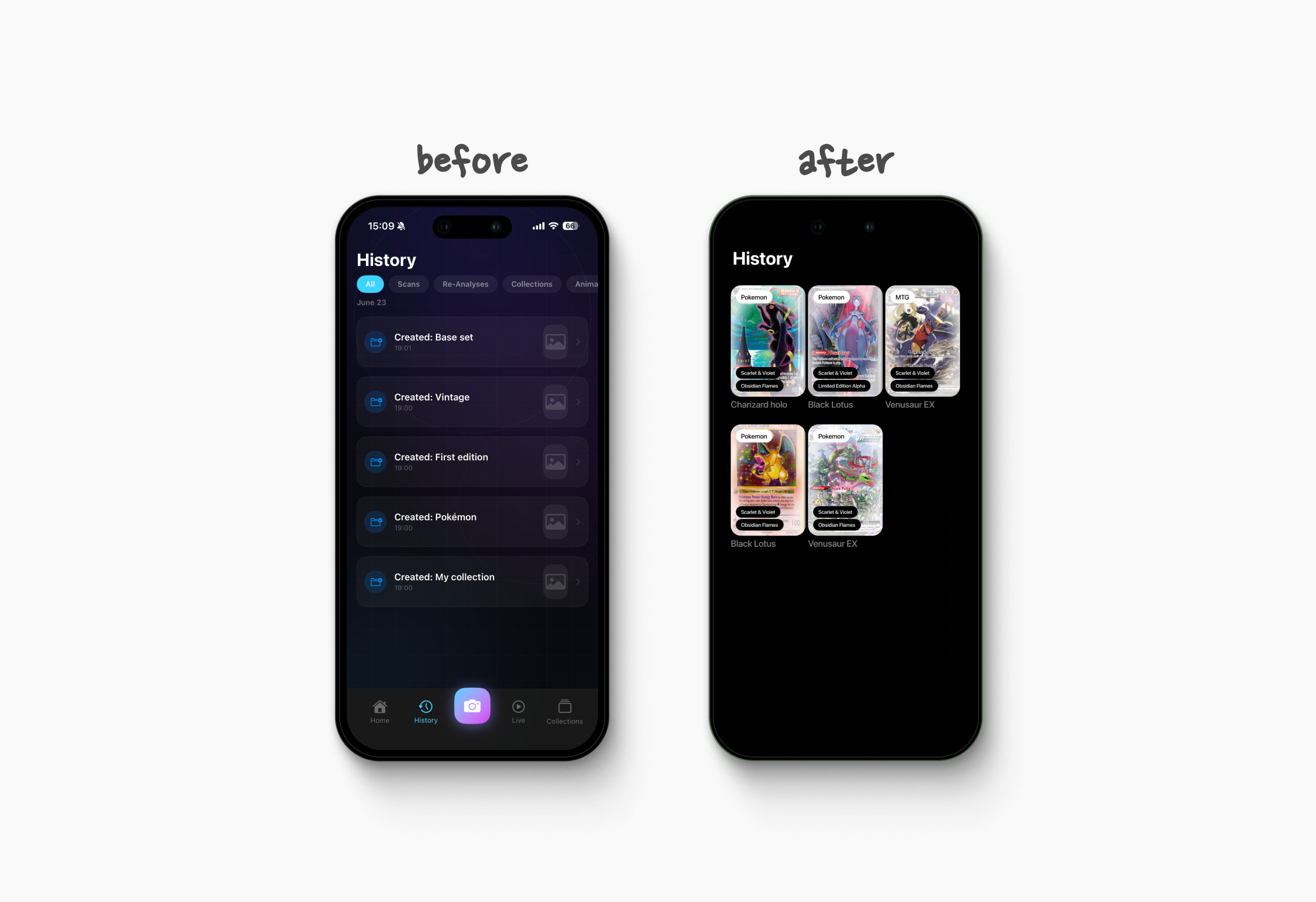 Trading card scan history interface redesign