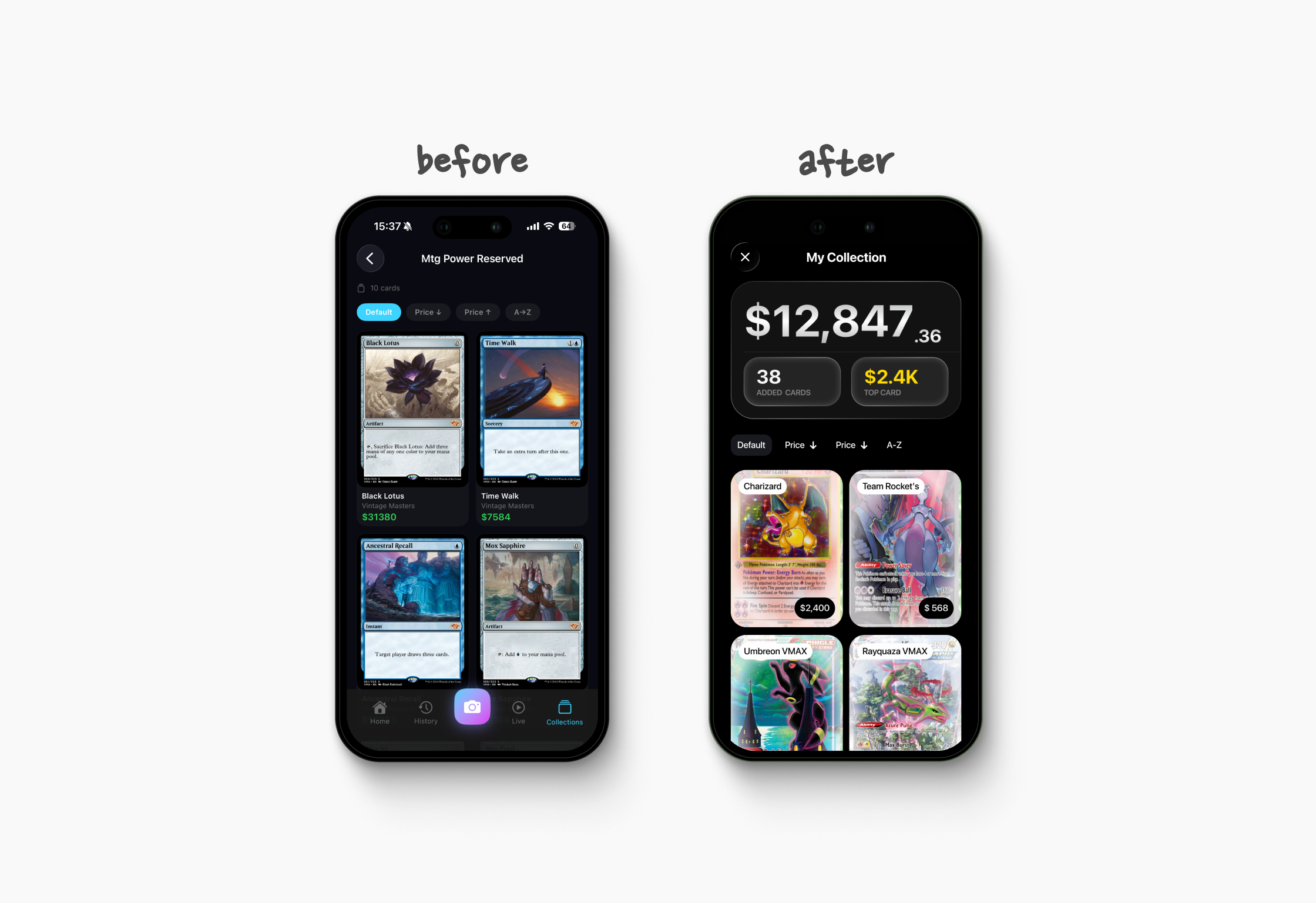 Trading card collection value screen before and after redesign