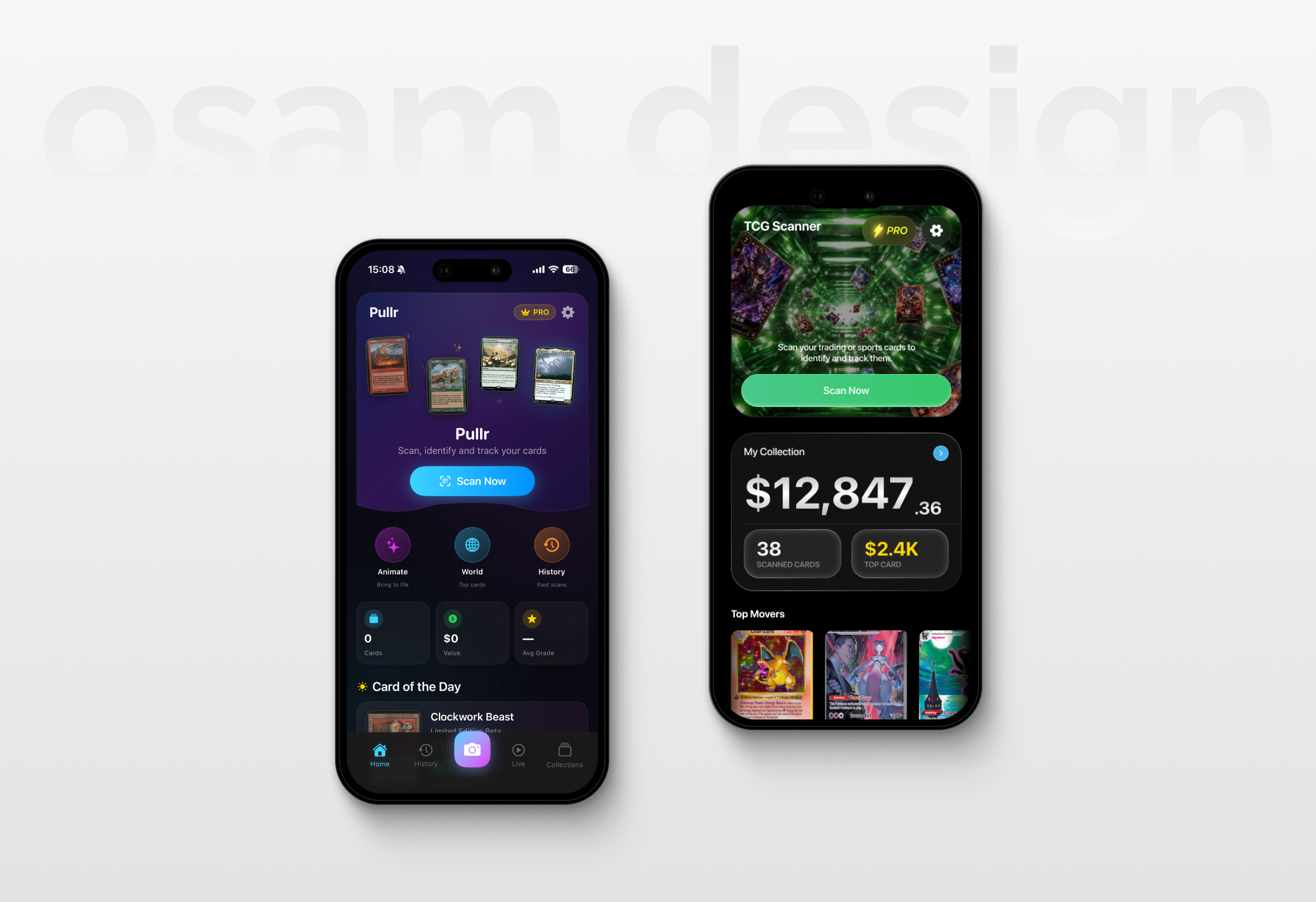 TCG Card Scanner home screen before and after redesign