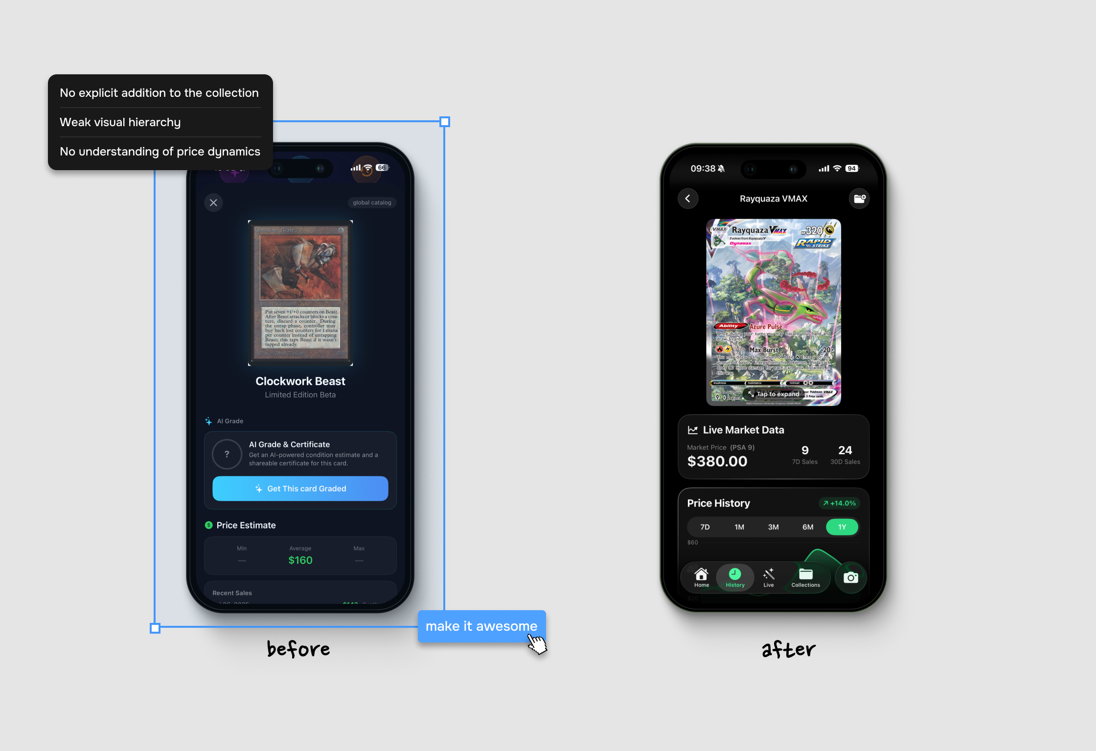 Trading card details and market data before and after redesign