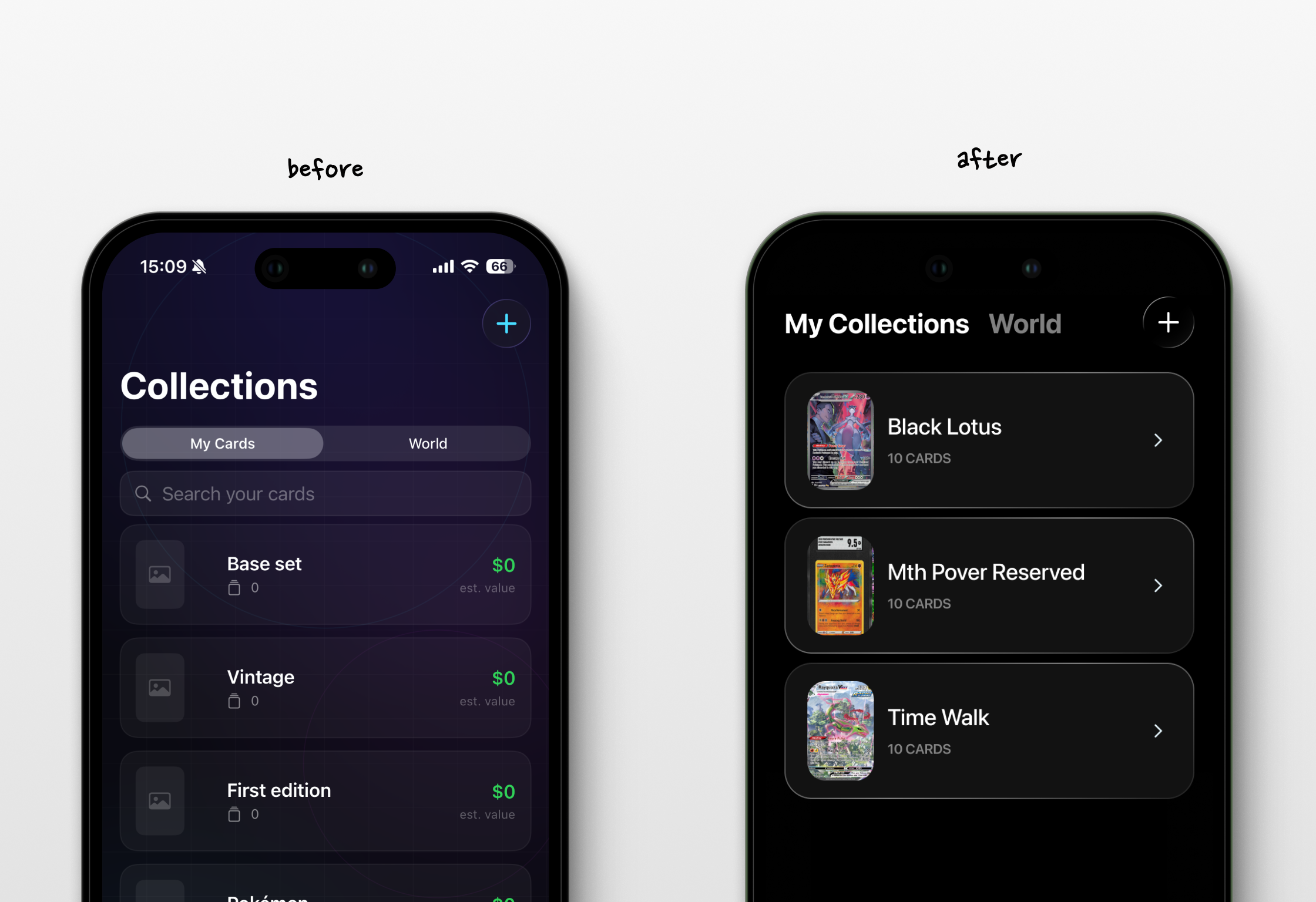 Trading card collections interface before and after redesign
