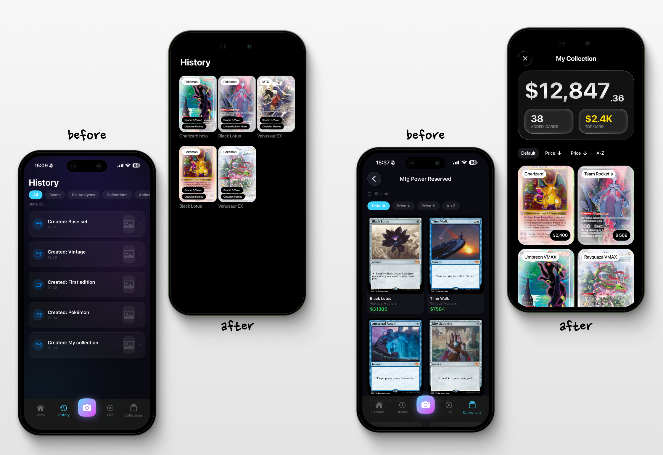 Trading card scan history and collection value interfaces before and after redesign